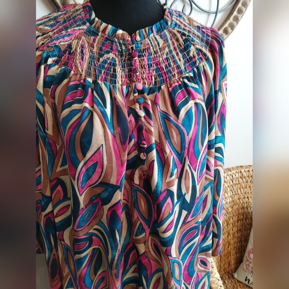 Investments Multicolor Leaf-Print Smocked-Neck Blouse - Picture 3 of 11